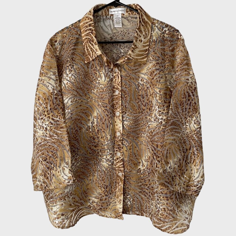 Draper's & Damons Sheer Animal Print Button-Up Blouse Light Brown Womens Size 2X